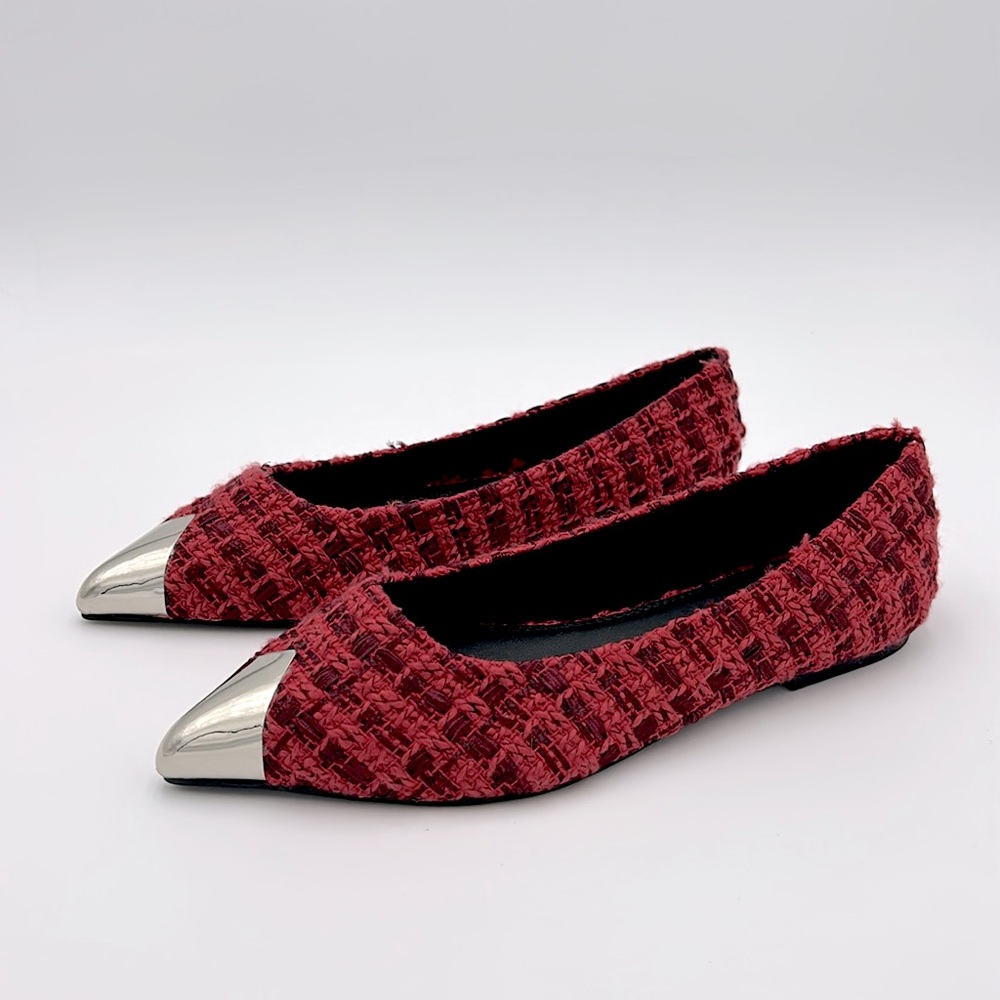 ASOS DESIGN Lexy metal toe cap ballet flats in red plaid tweed US 9